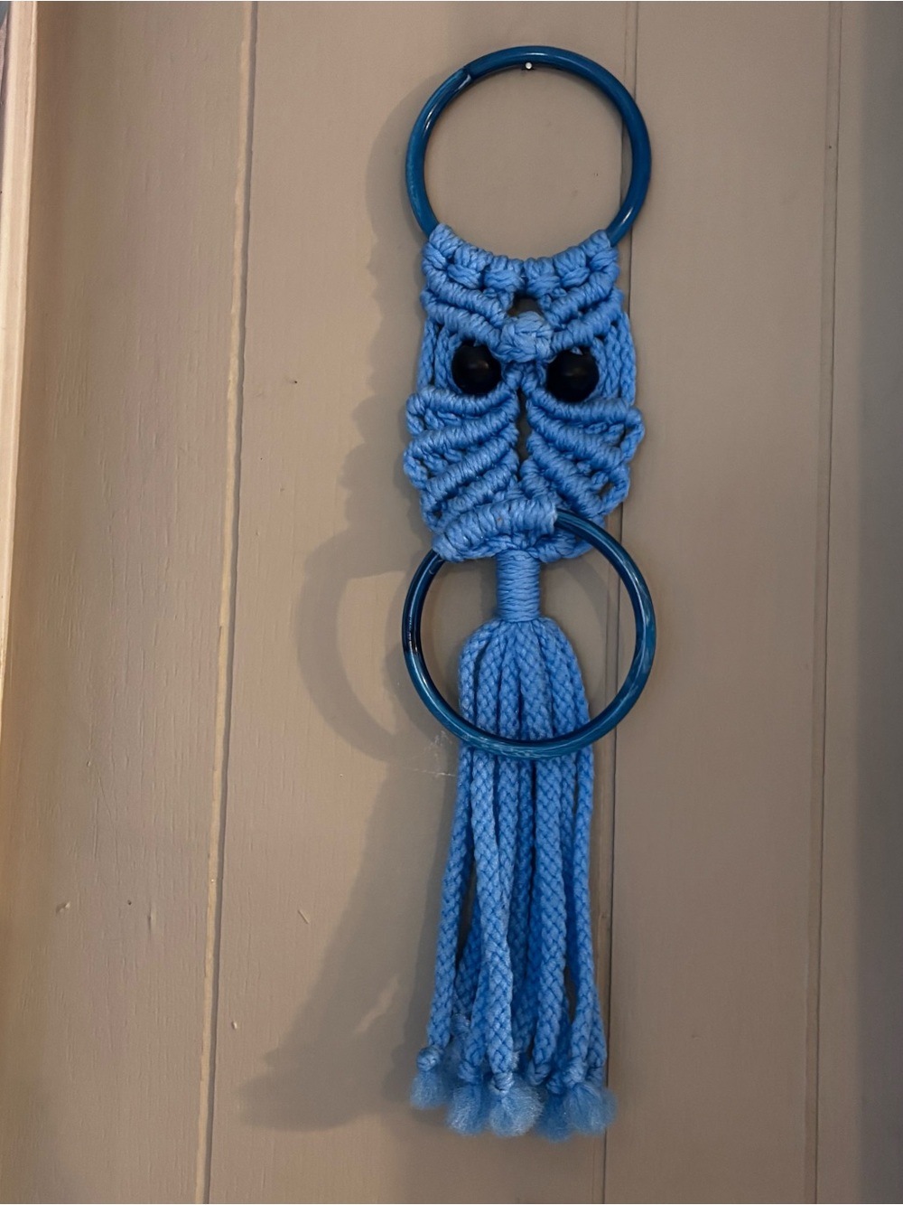 Vintage 1970’s Handmade Macrame Blue Owl Towel Holder 21”Retro MCM Boho